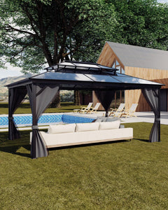 TROPOW Gazebos for Gardens, All Seasons Gazebos, Hardtop Gazebo 10'X13' for All-Weather, Double Polycarbonate Sheets Roof, Aluminum Alloy Frame, Net, and Curtain, Permanent Building for Patio, Gray