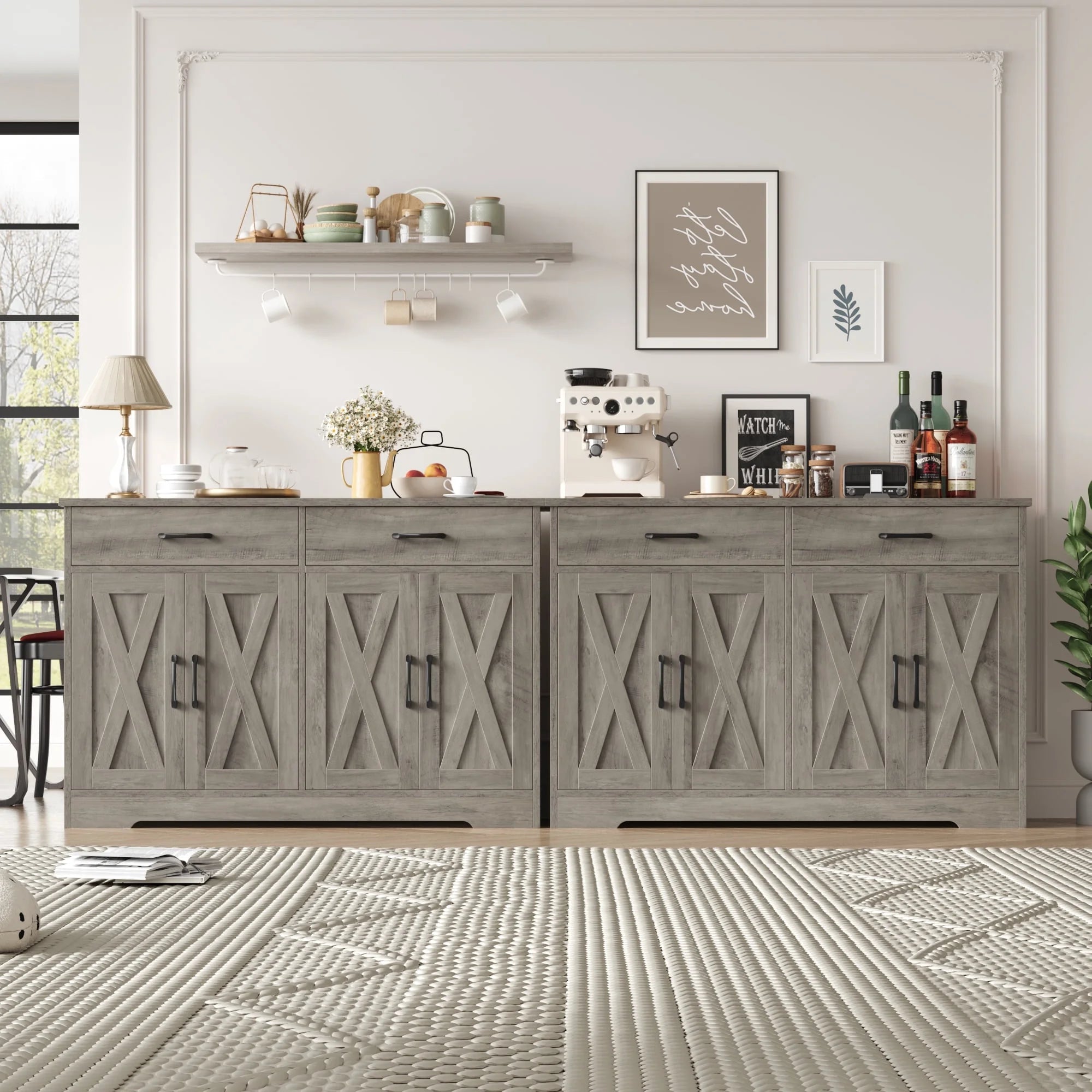 Hiphuta 47"farmhouse Sideboard Storage Cabinets with 4 Doors & 2 Drawers, Coffee Bar with Brown Top for Living Room, White
