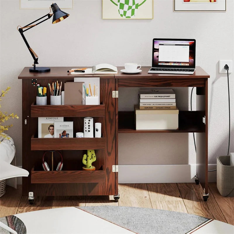 Folding Sewing Table with Charging Station, Rolling Craft Table w/ 3 Storage Trays & Shelf, Mobile Sewing Machine Cabinet for Small Spaces