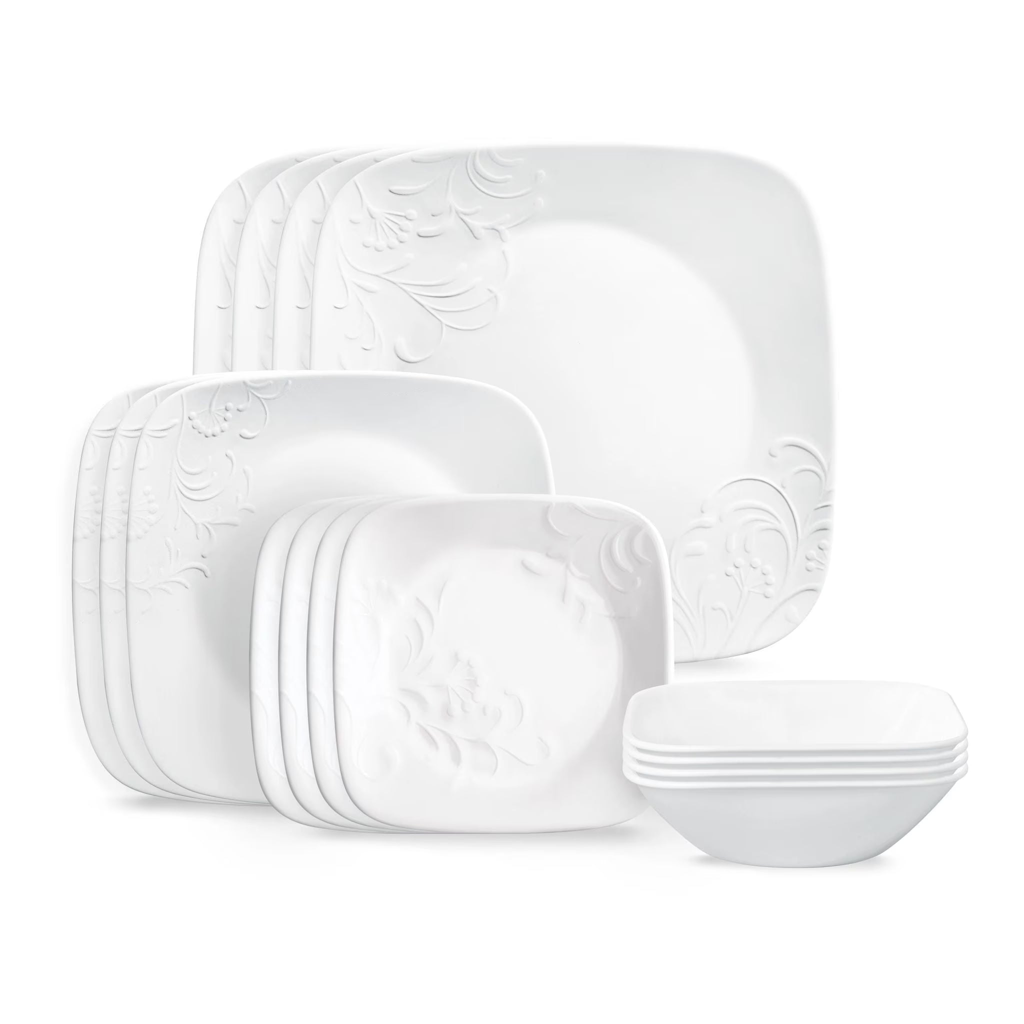 Corelle Cherish 16 - Piece Embossed Square Glass Dinnerware Set (Service for 4)