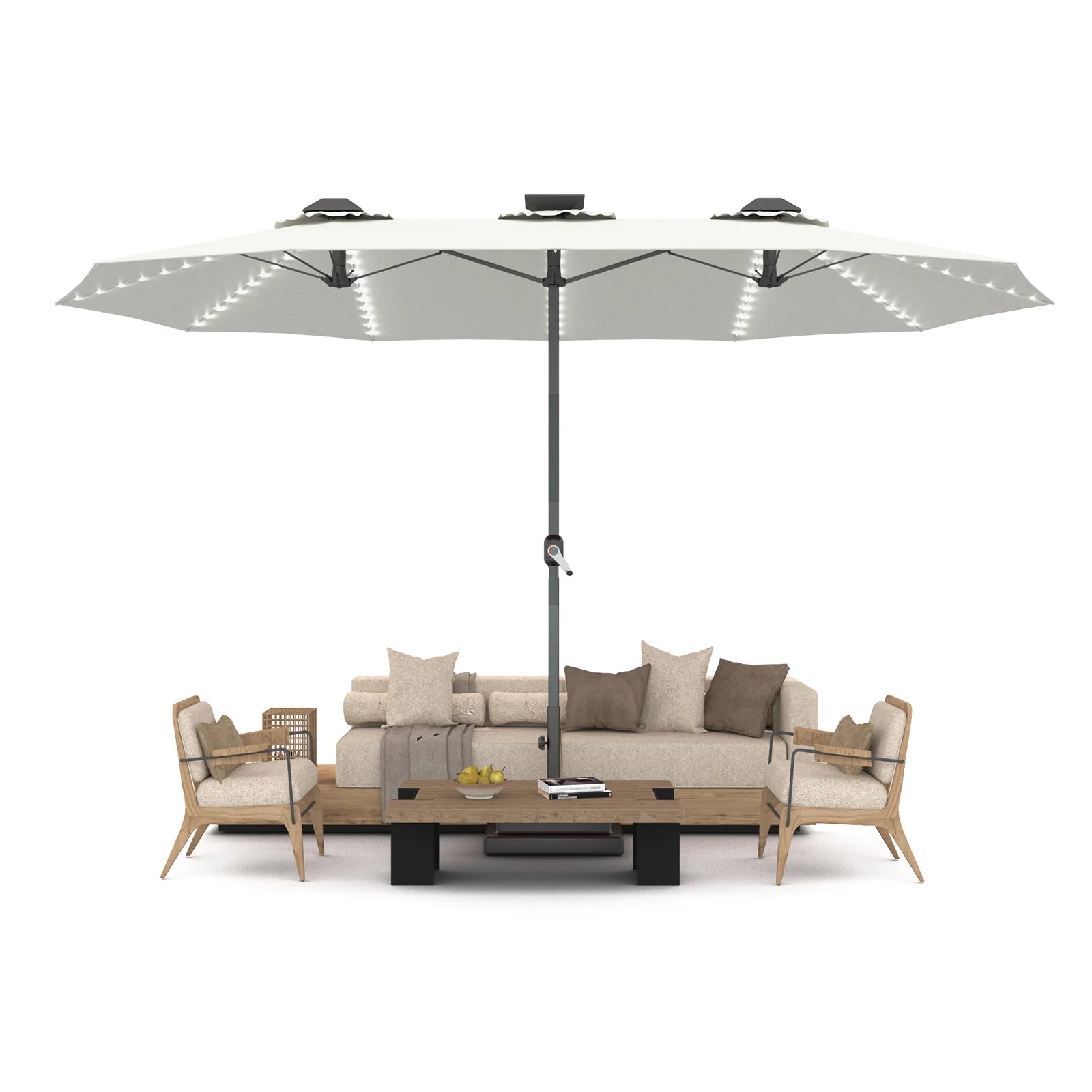 AECOJOY 15ft Patio Double-Sided Umbrella, 156 PCS Solar LED Light Outdoor Large Umbrella, Ivory