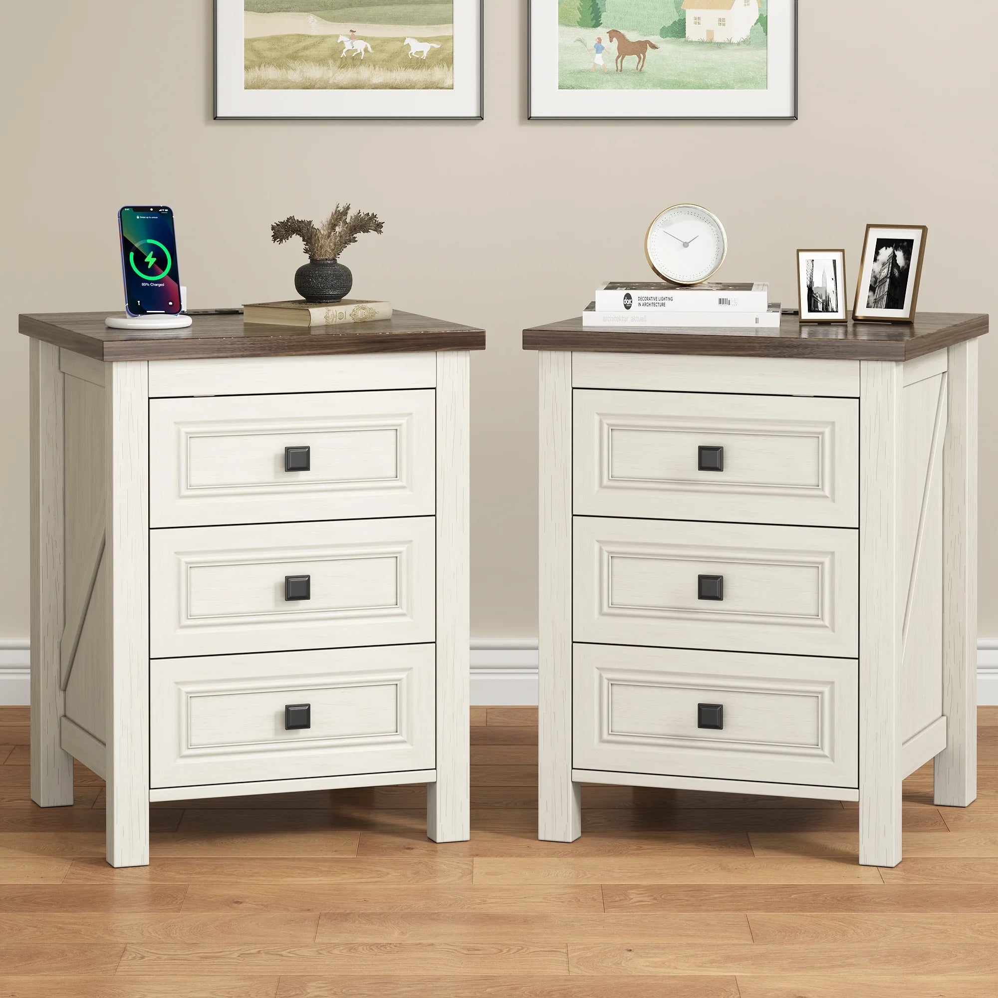 IDEALSOUL Nightstand, Bedside Table with Charging Station, Farmhouse 3 Drawer Nightstand Rustic Night Stand End Tables for Bedroom Living Room, Gray