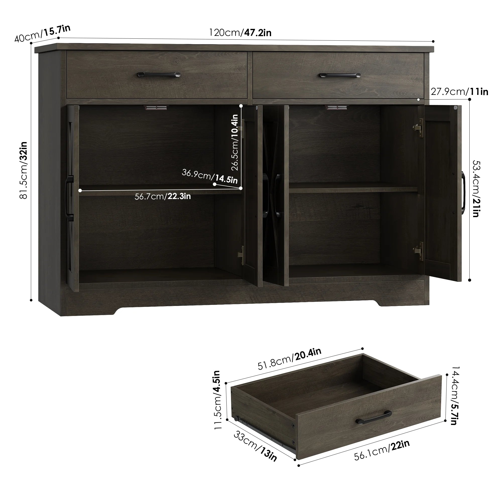 Hiphuta 47"farmhouse Sideboard Storage Cabinets with 4 Doors & 2 Drawers, Coffee Bar with Brown Top for Living Room, White