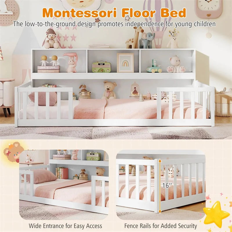 Twin Montessori Floor Bed, Wood Floor Bed Frame with Bookcase, Storage Shelves & Safety Fence Rails for Kids, No Box Spring Needed
