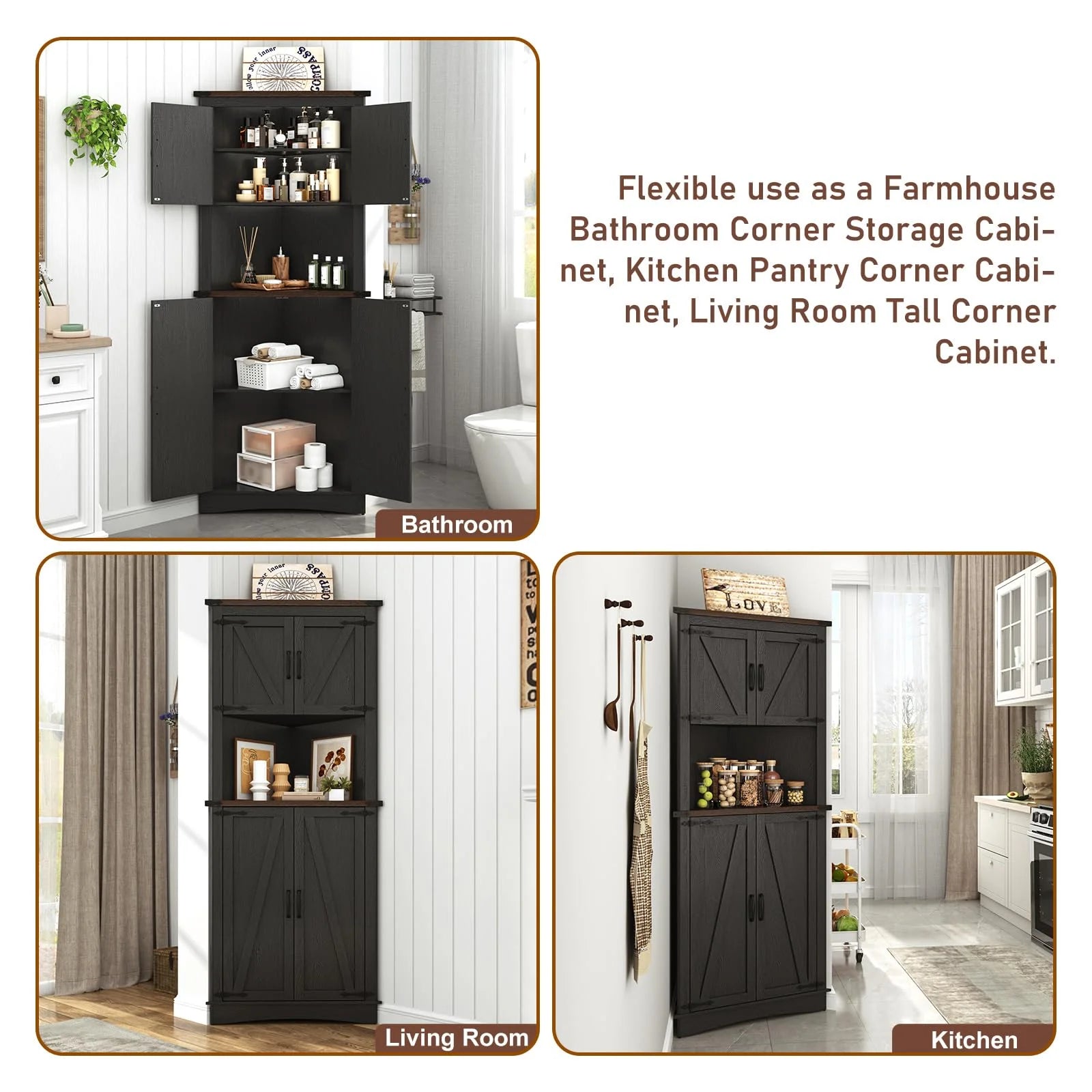 Blotout 68" Tall Farmhouse Corner Cabinet with 4 Doors, 28.3" W Barn Door Storage Cabinet with Adjustable Shelves, 5 Tier Corner Storage Cabinet for Bathroom, Living Room, Kitchen