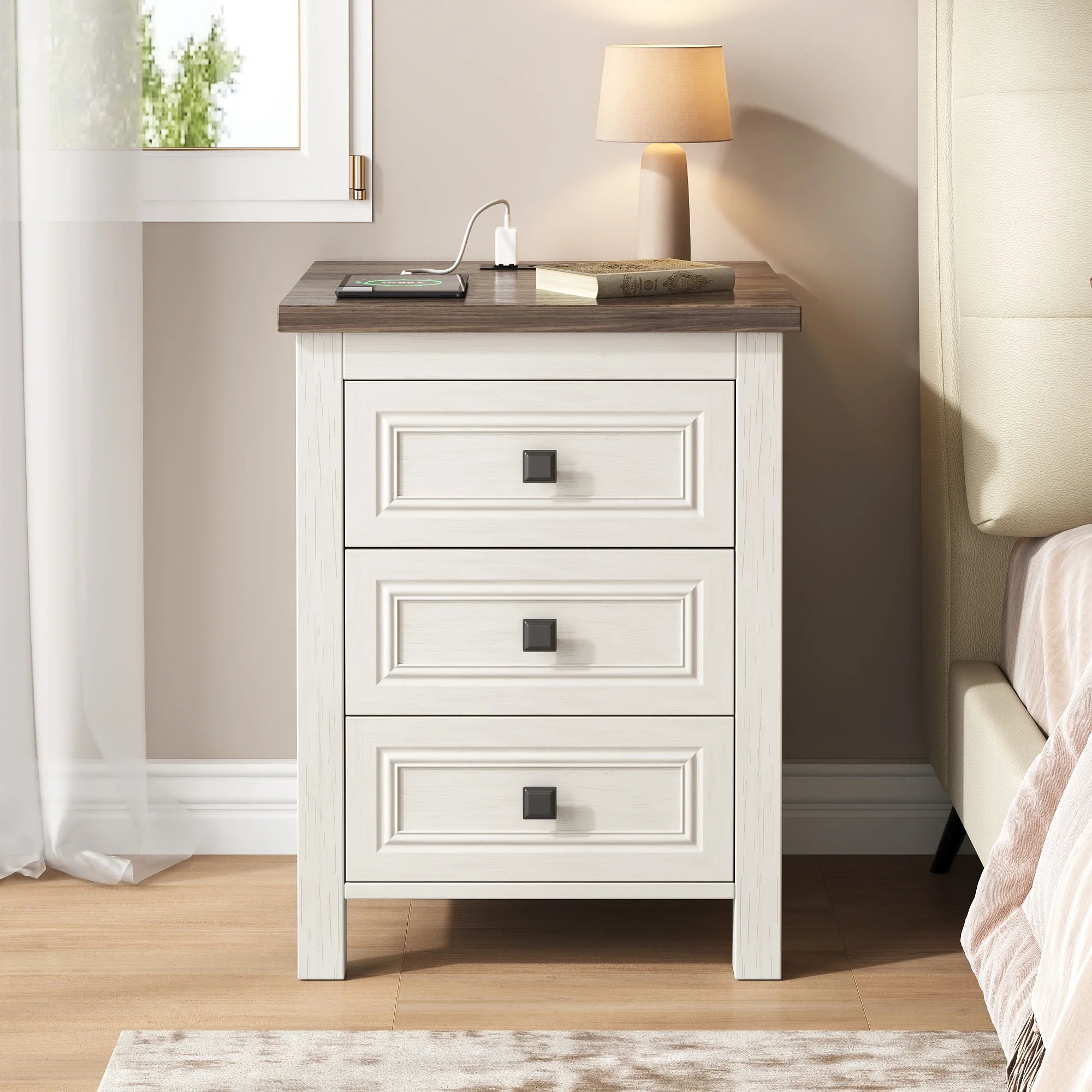 IDEALSOUL Nightstand, Bedside Table with Charging Station, Farmhouse 3 Drawer Nightstand Rustic Night Stand End Tables for Bedroom Living Room, Gray
