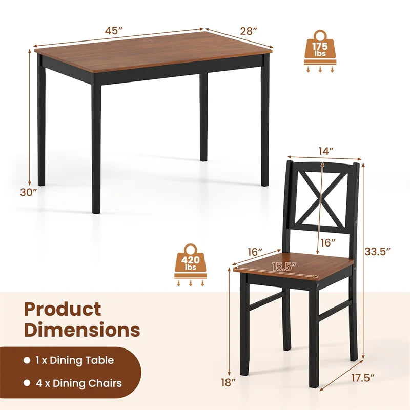 5-Piece Dining Table Set for 4, Mid-Century Modern Kitchen Table & 4 Chairs with Rubber Wood Legs & Cross Backrest, Space-Saving Dinette Set for Home