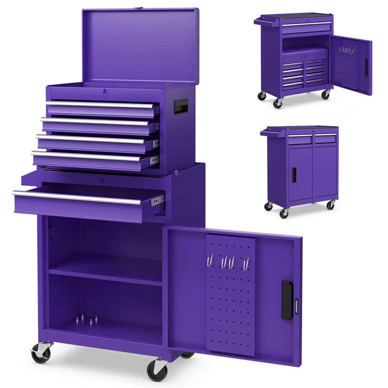 2-in-1 Rolling Tool Chest, 5-Drawer Tool Storage Cabinet with Wheels, Adjustable Shelf, Tool Box Organizer for Garage Warehouse Workshop