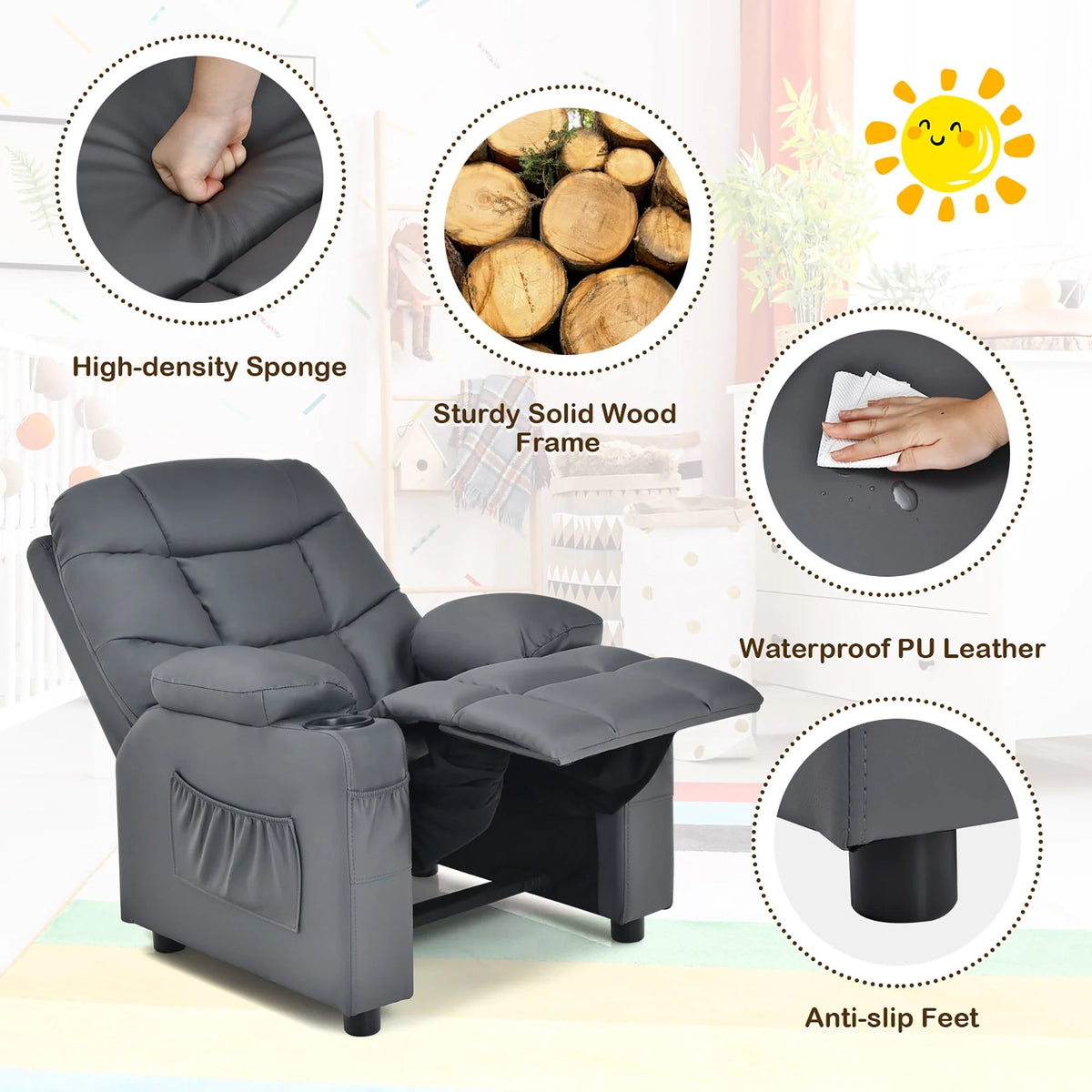 Costway Kids Youth Recliner Chair PU Leather W/Cup Holders & Side Pockets Grey