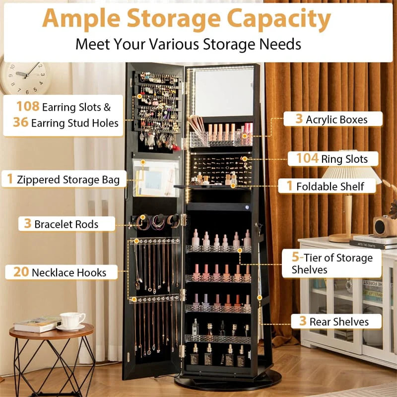 360° Swivel Jewelry Cabinet Armoire w/ Full Length Mirror 3-Color LED Lights & Rear Shelves, Lockable Standing Jewelry Storage Organizer