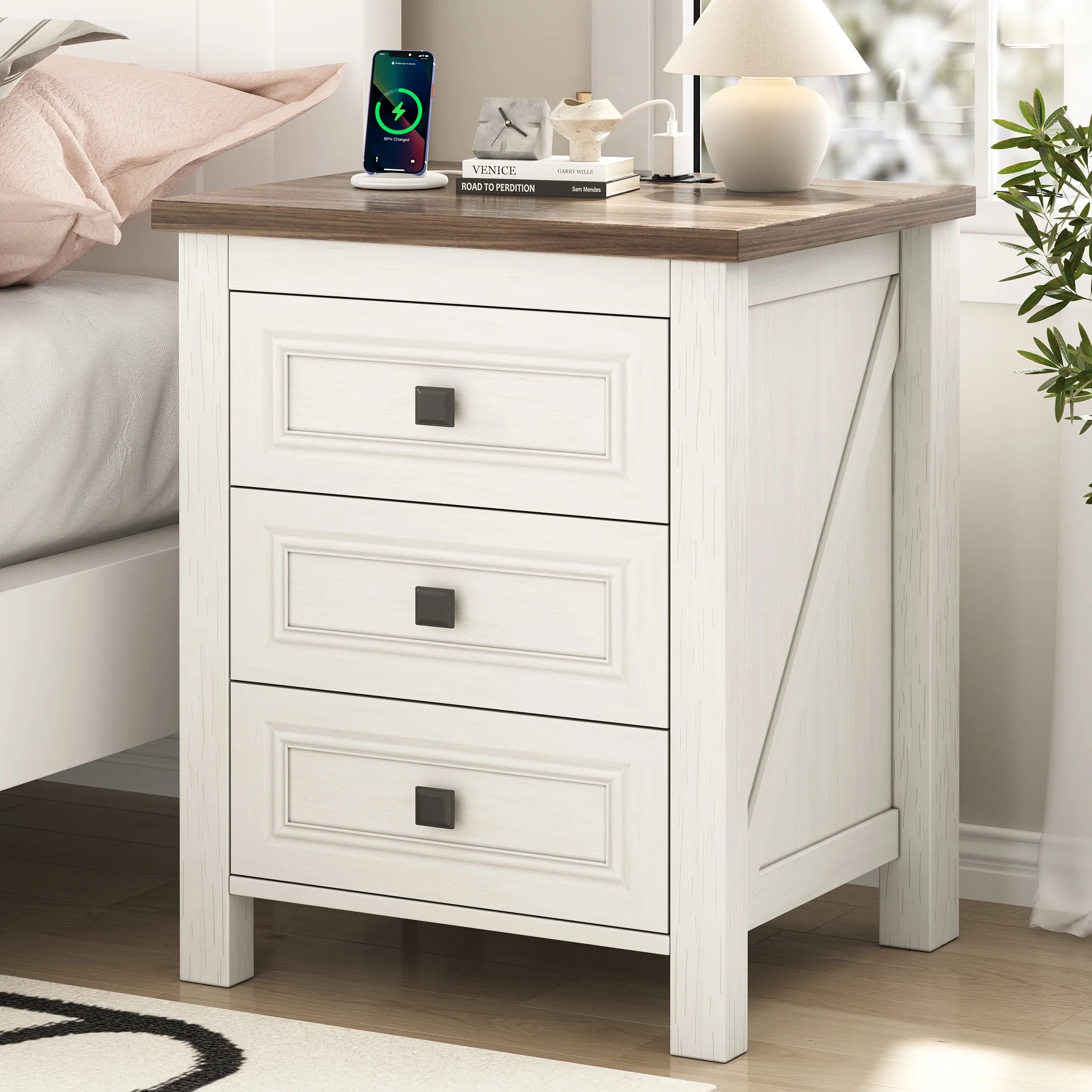 IDEALSOUL Nightstand, Bedside Table with Charging Station, Farmhouse 3 Drawer Nightstand Rustic Night Stand End Tables for Bedroom Living Room, Gray