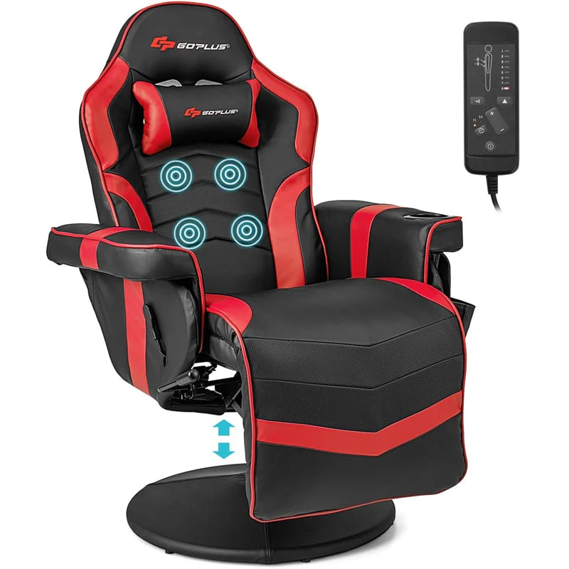 Ergonomic Gaming Recliner Chair with Massage, Retractable Footrest & Cup Holder, Height Adjustable Racing Style Swivel Video Game Chair