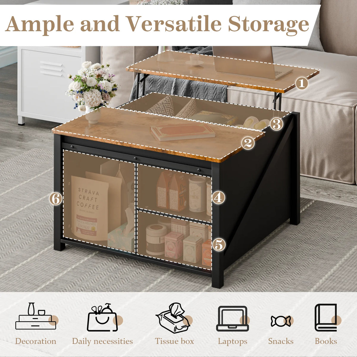 Waleaf Wooden Coffee Table, Lift Top Coffee Table with Large Hidden Storage Shelf for Living Room