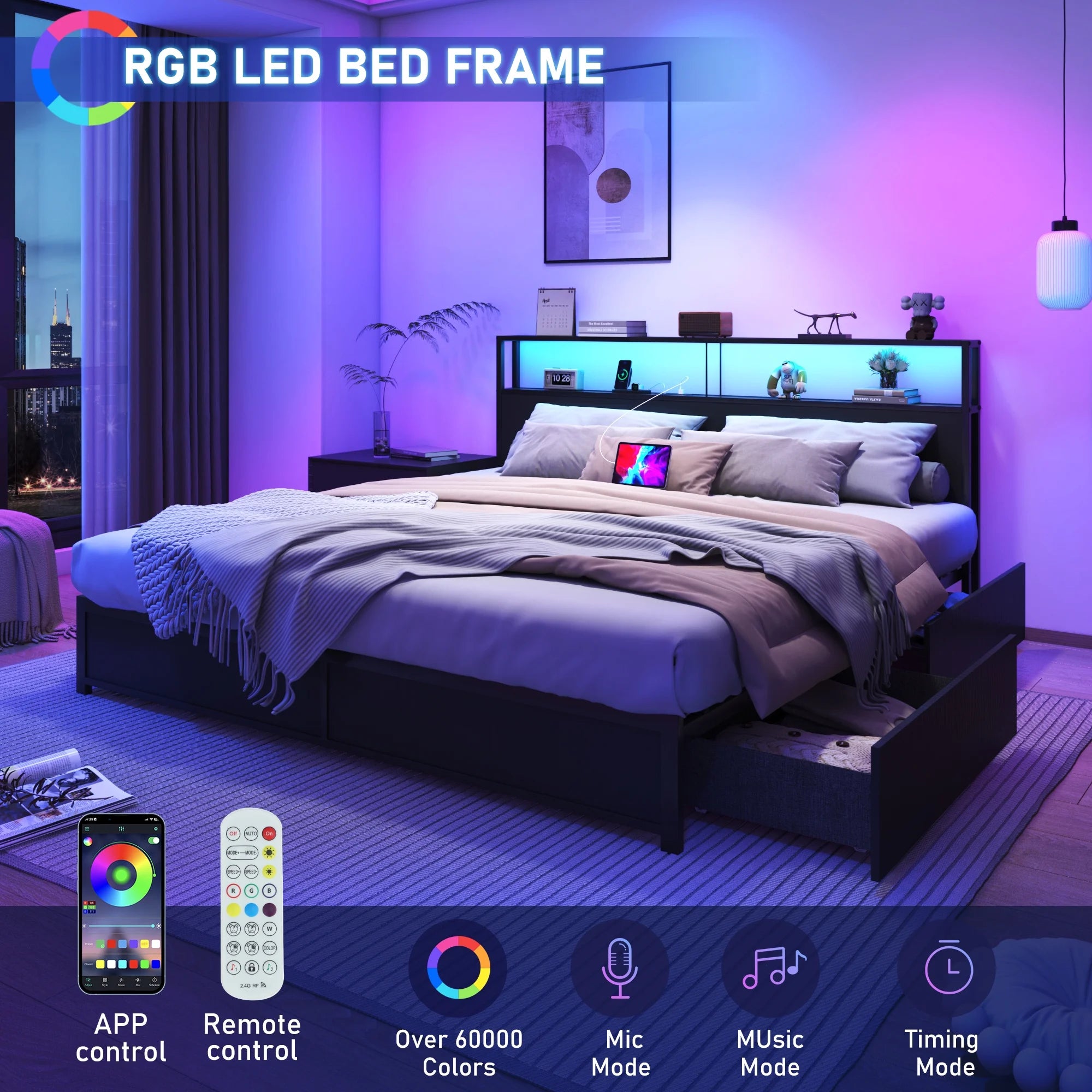 LED Full Bed Frame with Storage Headboard & 4 Drawers, Industrial Metal Platform Bed with Power Charging Station & USB Ports