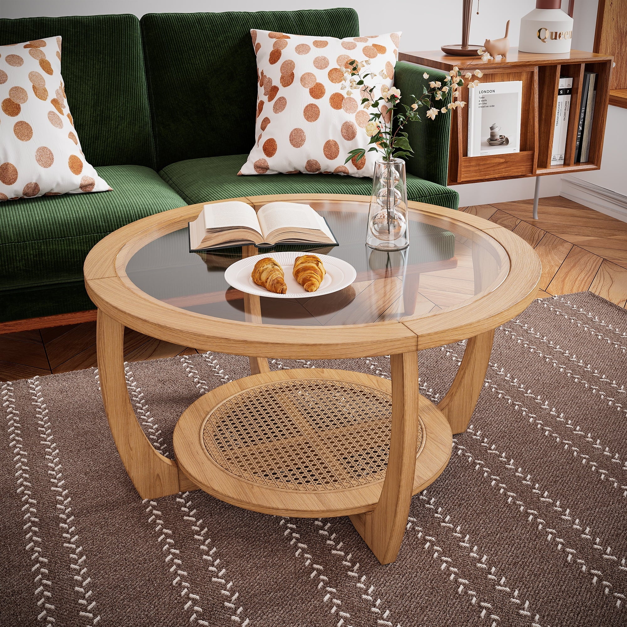 Round Wood Coffee Table with Glass Rattan Top, Wooden Circle Center Table with Curved Legs & Removeable Tempered Glasstop, Cocktail Table for Living Room, Light Brown 32.28" x 18.15"