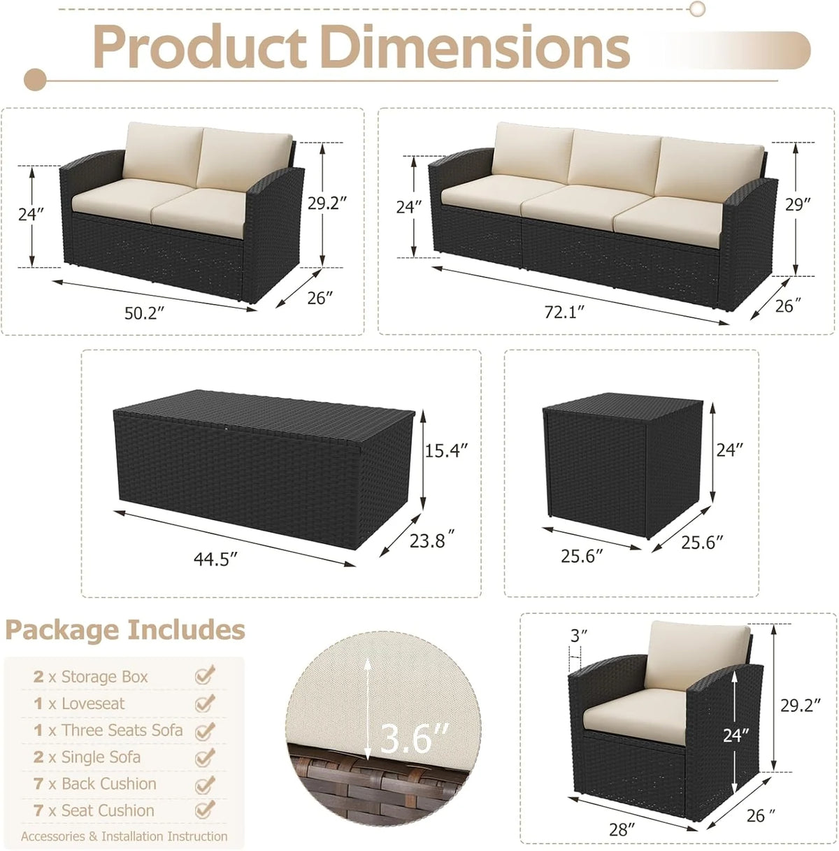 AECOJOY 7 PCS Outdoor Patio Furniture Sets with 2 Storage Boxes, Black & Beige