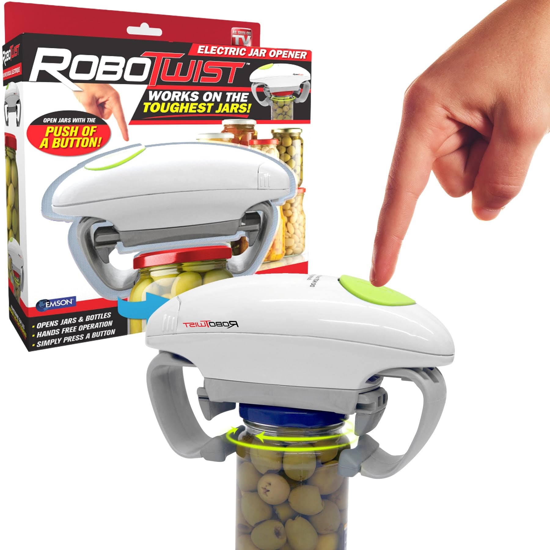 Emson RoboTwist Jar Opener, Automatic Jar Opener, Deluxe Model with Improved Torque, Robo Twist Kitchen Gadgets for Home, Electric Handsfree Easy Jar
