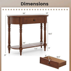 36" 2-Tier Retro Console Table with Storage Drawer & Open Shelf, Solid Wood Narrow Entryway Sofa Table for Living Room, Foyer & Hallway