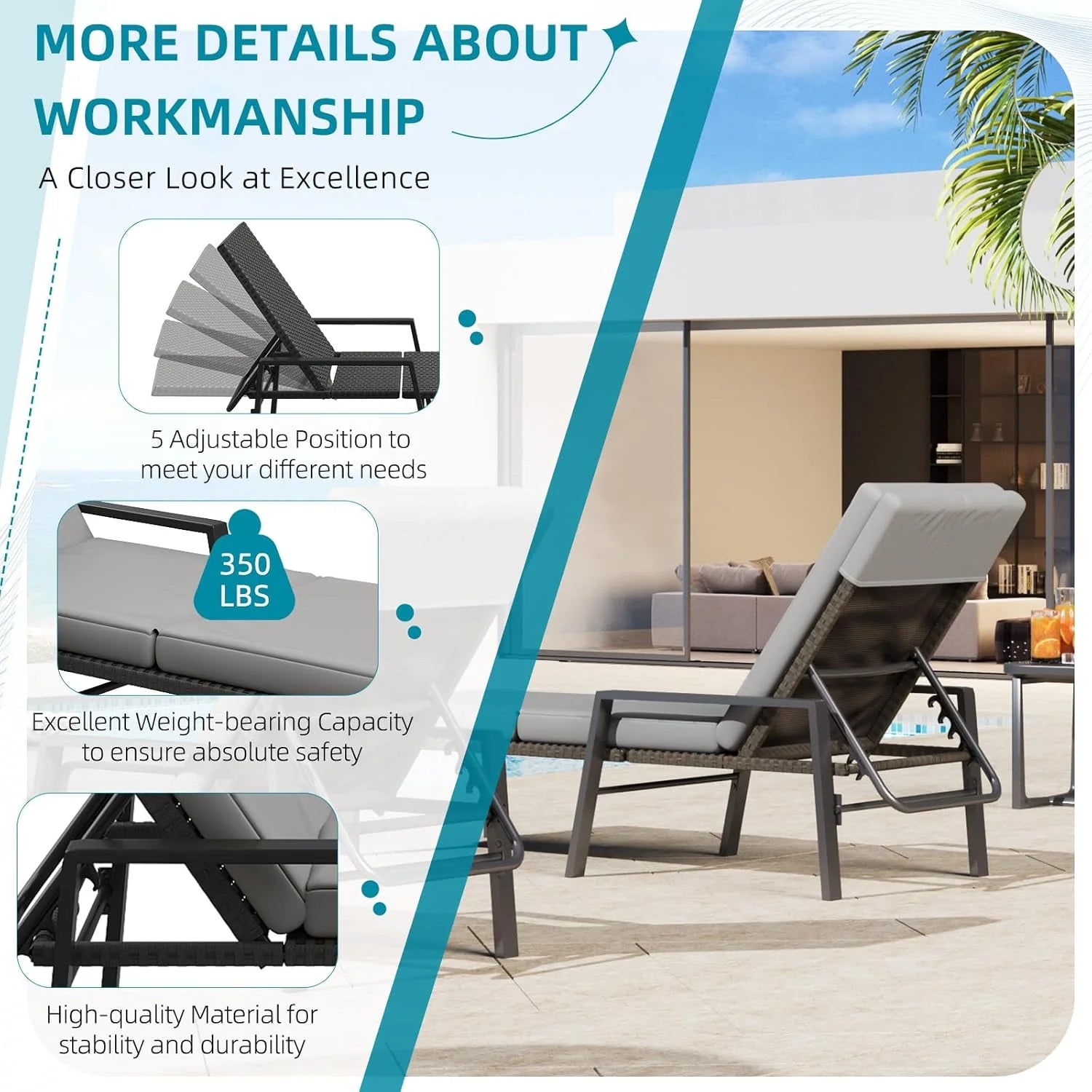 AECOJOY Chaise Lounge Chairs for Outside Set of 2, Adjustable Wicker PE Rattan Patio Pool Recliner Chair with Removable Cushion