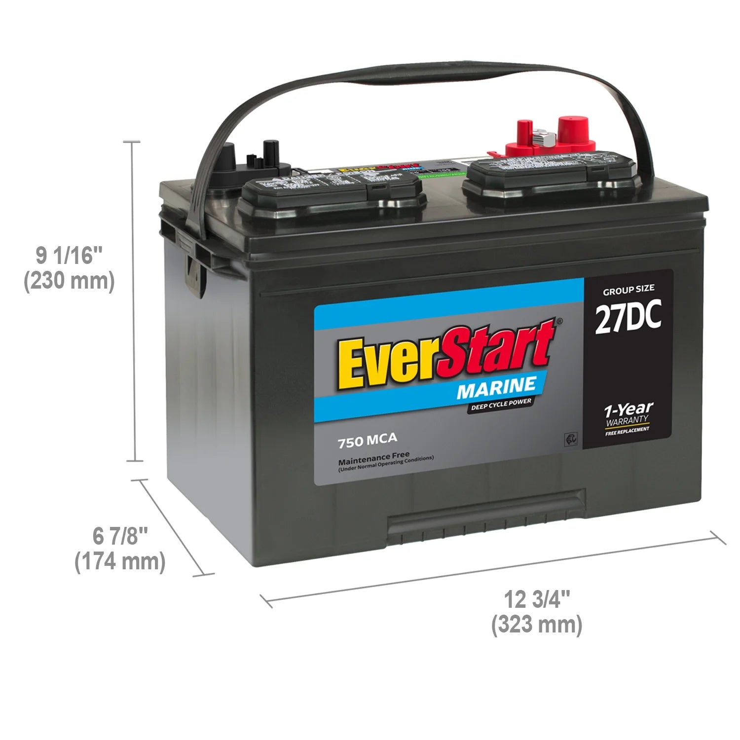 Everstart Lead Acid Marine & RV Deep Cycle Battery, Group Size 27DC 12 Volt, 750 Mca*
