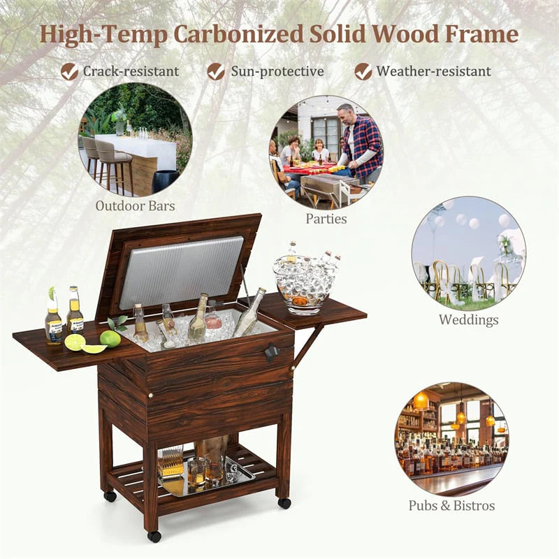 54 Quart Wooden Rolling Cooler Cart, Patio Ice Chest with 2 Drop Leaf Tables, Bottle Opener & Bottom Shelf, Insulated Pine Wood Beverage Bar for Party