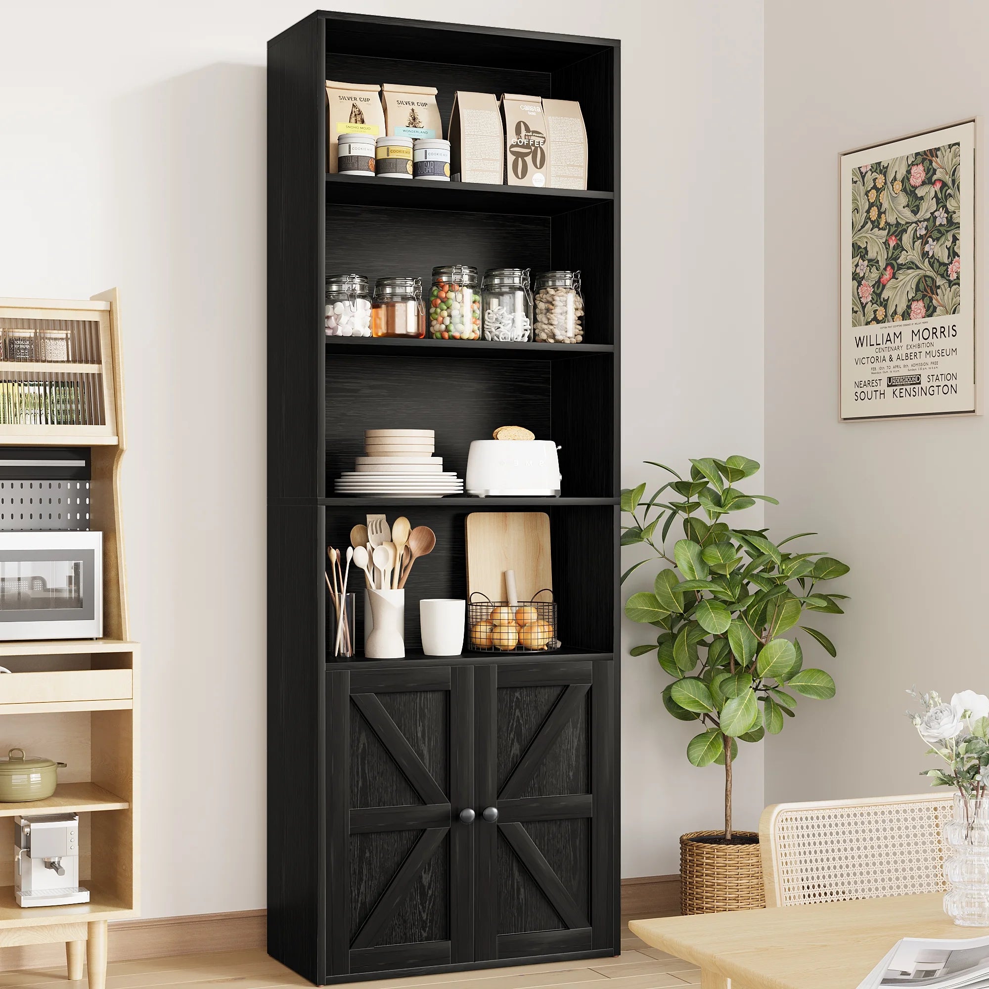 Furmax 1 Piece 4 - Shelf Farmhouse Bookcases 4 - Tier Bookshelf with Adjustable Shelves&Doors, Storage Cabinet for Home Living Room, Kitchen, Office, White