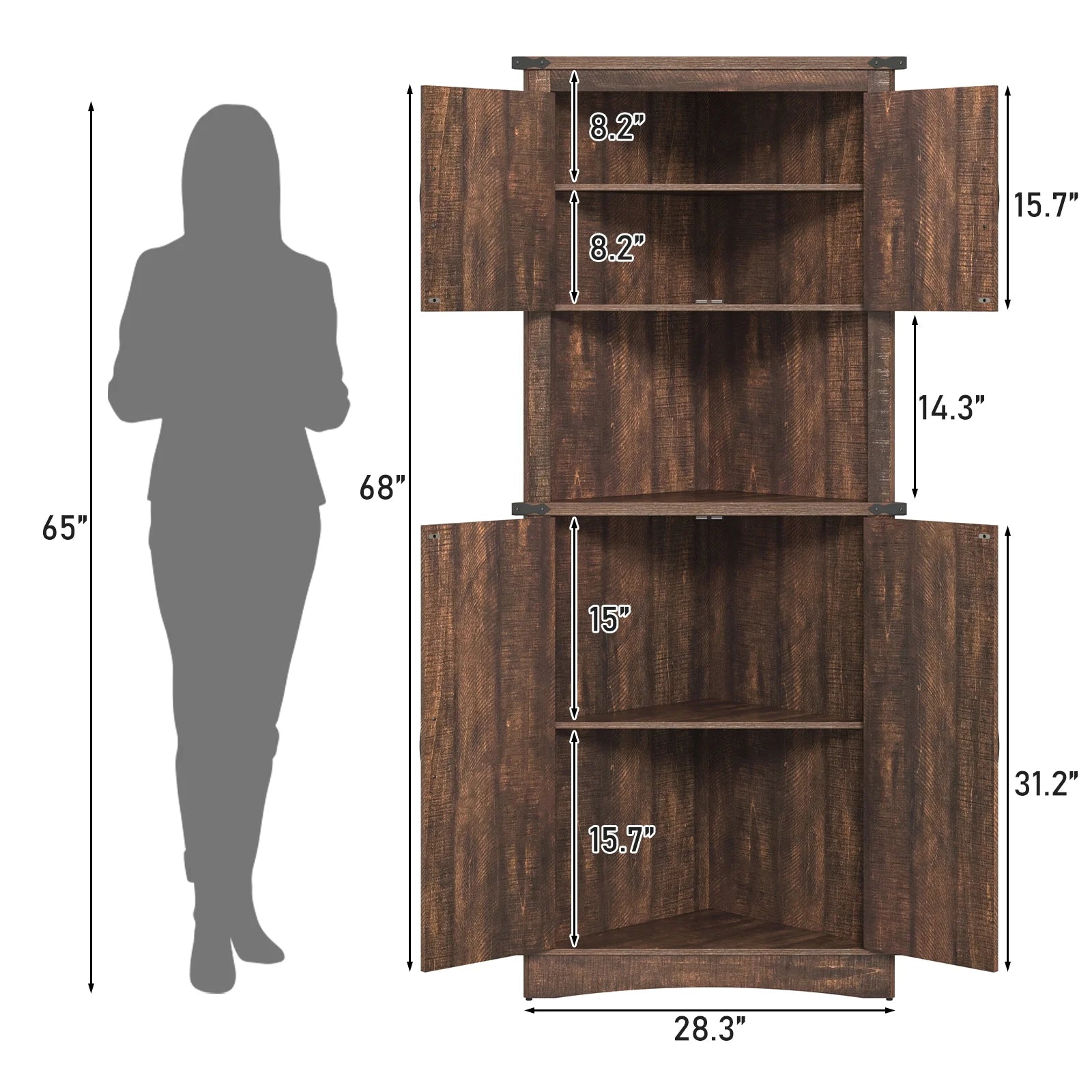 Blotout 68" Tall Farmhouse Corner Cabinet with 4 Doors, 28.3" W Barn Door Storage Cabinet with Adjustable Shelves, 5 Tier Corner Storage Cabinet for Bathroom, Living Room, Kitchen