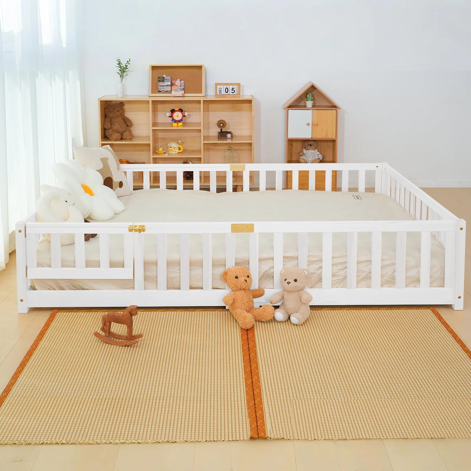 Slsy Twin Size Toddler Floor Bed, Solid Wood Montessori Bed Frame with Fence & Door Montessori Floor Bed Crib with Safety Guardrails for Girls and Boys