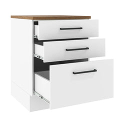 Madesa Hazel Kitchen Storage Base Cabinet with 3 Drawers 23 in Wide Engineered Wood Painted Finish Floor Mount Removable Plinth - White