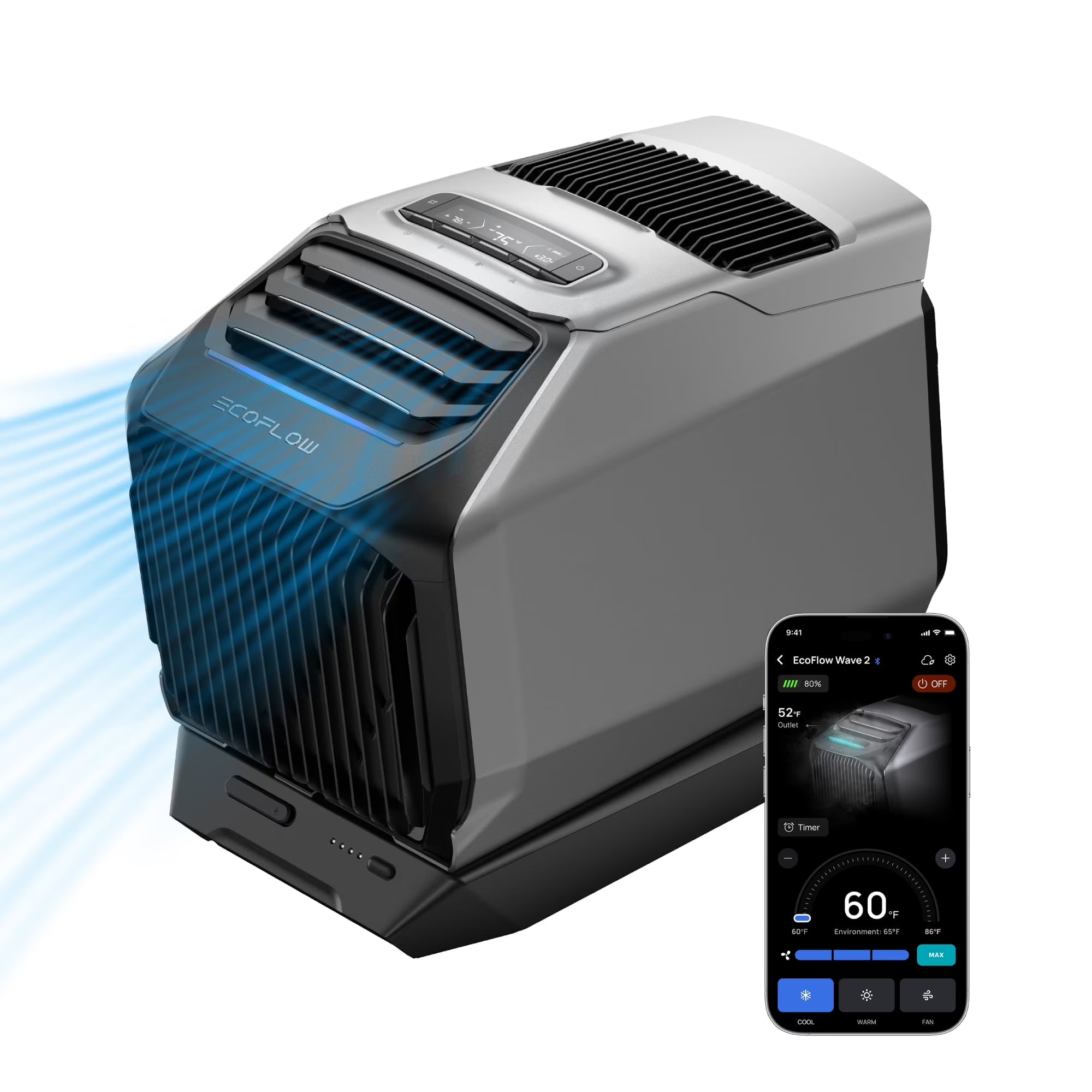 EF Ecoflow WAVE 3 Portable Air Conditioner, 1800W/6100 BTU Cooling and 2000W/6800 BTU Heating, 1000W Fast Charging in 75 Mins, 8H Wireless Running, APP Control, for Camping, Vanlife, Rvs