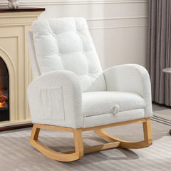 Modern Accent Rocking Chair with Pull - Out Footrest, Nursery Glider Chair with Solid Wood Legs & Side Pocket, Upholstered Lounge Chair with High Backrest, White