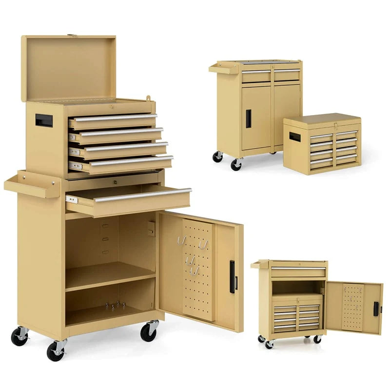 2-in-1 Rolling Tool Chest, 5-Drawer Tool Storage Cabinet with Wheels, Adjustable Shelf, Tool Box Organizer for Garage Warehouse Workshop