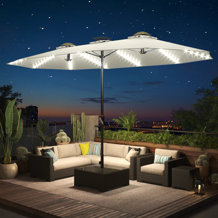 AECOJOY 15ft Patio Double-Sided Umbrella, 156 PCS Solar LED Light Outdoor Large Umbrella, Ivory