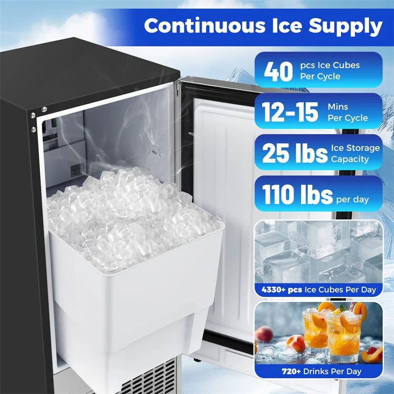 110 LBS/24H Commercial Ice Maker, 15" Built-in Undercounter Ice Machine with 25 LBS Storage & Reversible Door for Home Bar, Restaurant