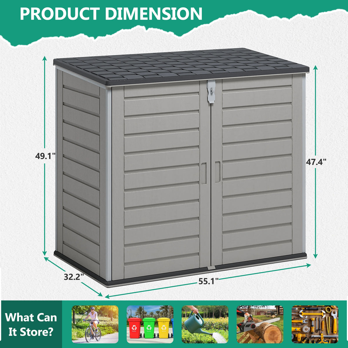 51 cu ft Outdoor Storage Shed, Resin Storage Cabinet with Door & Lock, Multi - Purpose Outdoor Shed for Garbage Cans, Garden Tools, Bikes, Easy to Assemble, Gray