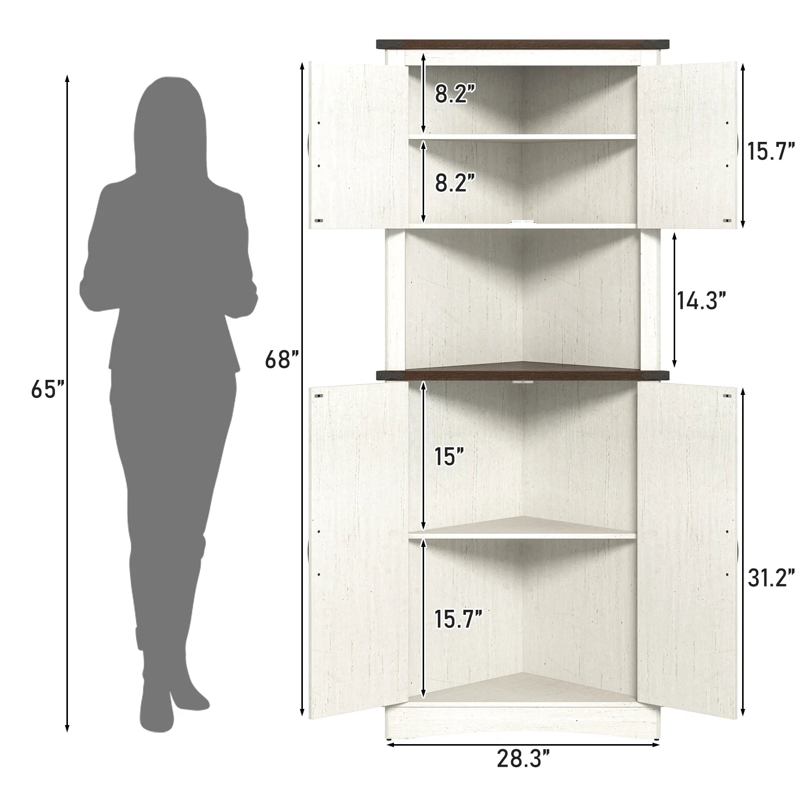 Blotout 68" Tall Farmhouse Corner Cabinet with 4 Doors, 28.3" W Barn Door Storage Cabinet with Adjustable Shelves, 5 Tier Corner Storage Cabinet for Bathroom, Living Room, Kitchen