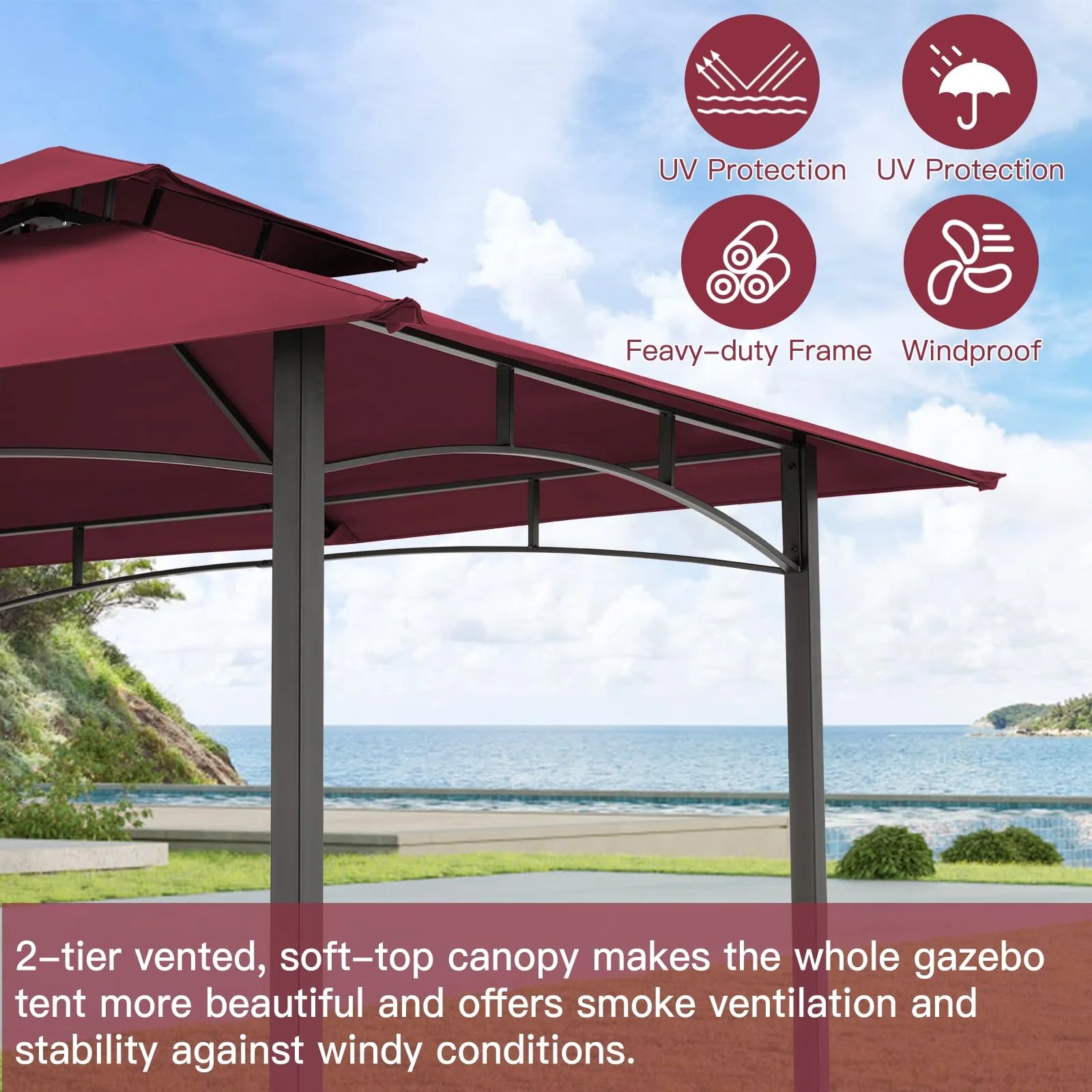 AECOJOY Grill Gazebo 8’x 5’ Outdoor Patio Backyard BBQ Grill Shelter, Red