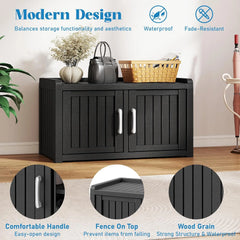 KAMABOKO Outdoor Shoe Storage Cabinet, Waterproof UV - Resistant Entryway Storage Bench Indoor Outdoor with 2 Barn Doors, Adjustable Shelves for Entryway, Bedroom, Hallway, Living Room(Black)