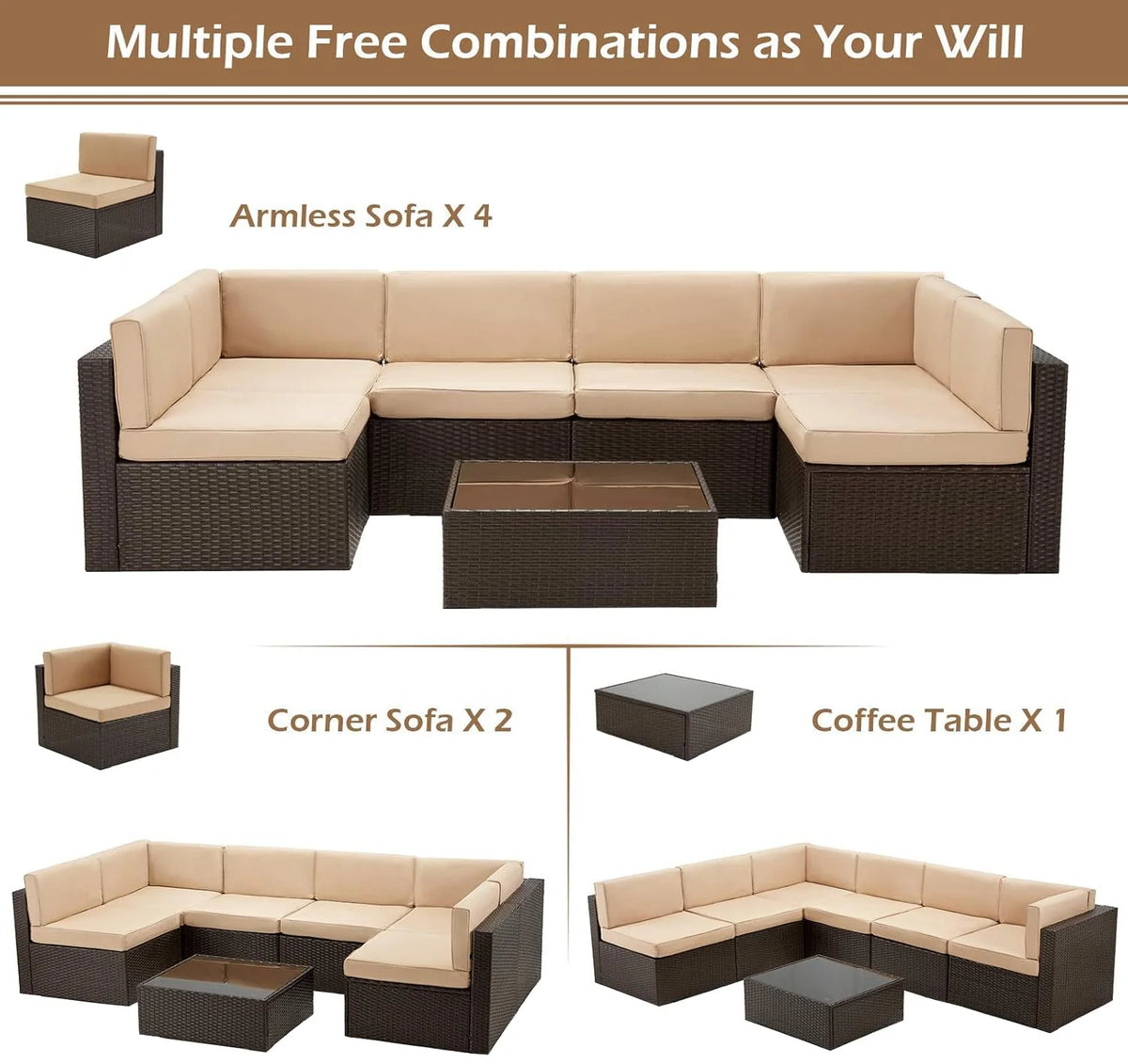 AECOJOY 7 Piece Outdoor Patio Furniture Set with Waterproof Cover, Brown & Beige