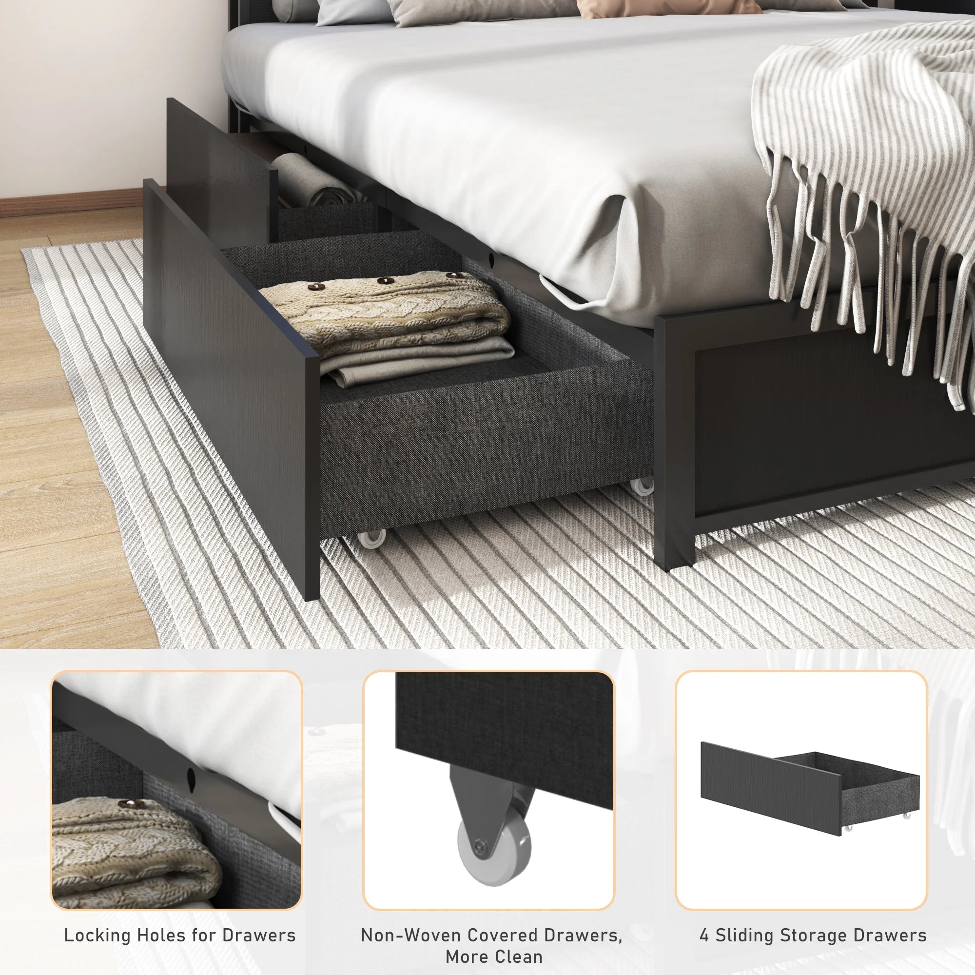 LED Full Bed Frame with Storage Headboard & 4 Drawers, Industrial Metal Platform Bed with Power Charging Station & USB Ports