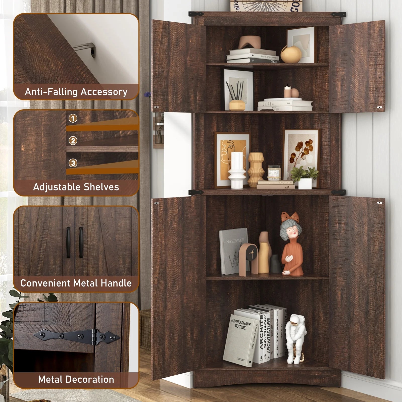 Blotout 68" Tall Farmhouse Corner Cabinet with 4 Doors, 28.3" W Barn Door Storage Cabinet with Adjustable Shelves, 5 Tier Corner Storage Cabinet for Bathroom, Living Room, Kitchen