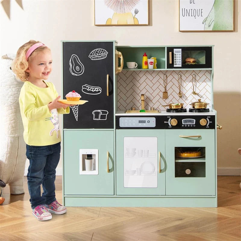 Large Wooden Kids Kitchen Playset, Little Chef Pretend Toy Kitchen Set w/Chalkboard, Microwave, Real Sounds & Lights for Toddlers Age 3+