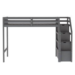 Euroco Wood Stairway Twin Loft Bed with Full Platform and Drawer