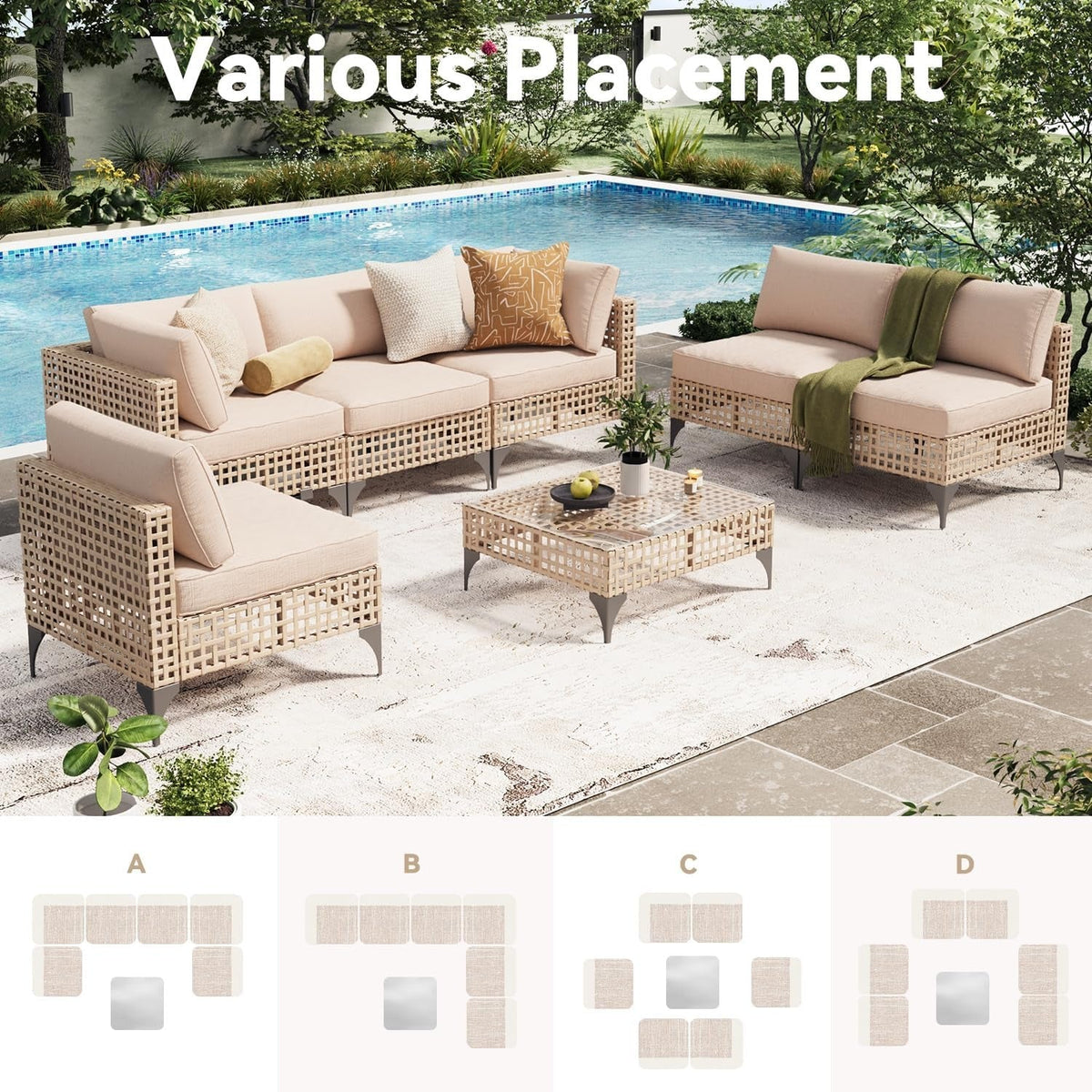 AECOJOY 7-Piece Patio Outdoor Furniture Set, Boho Outdoor Sectional Set, Light Brown&Beige