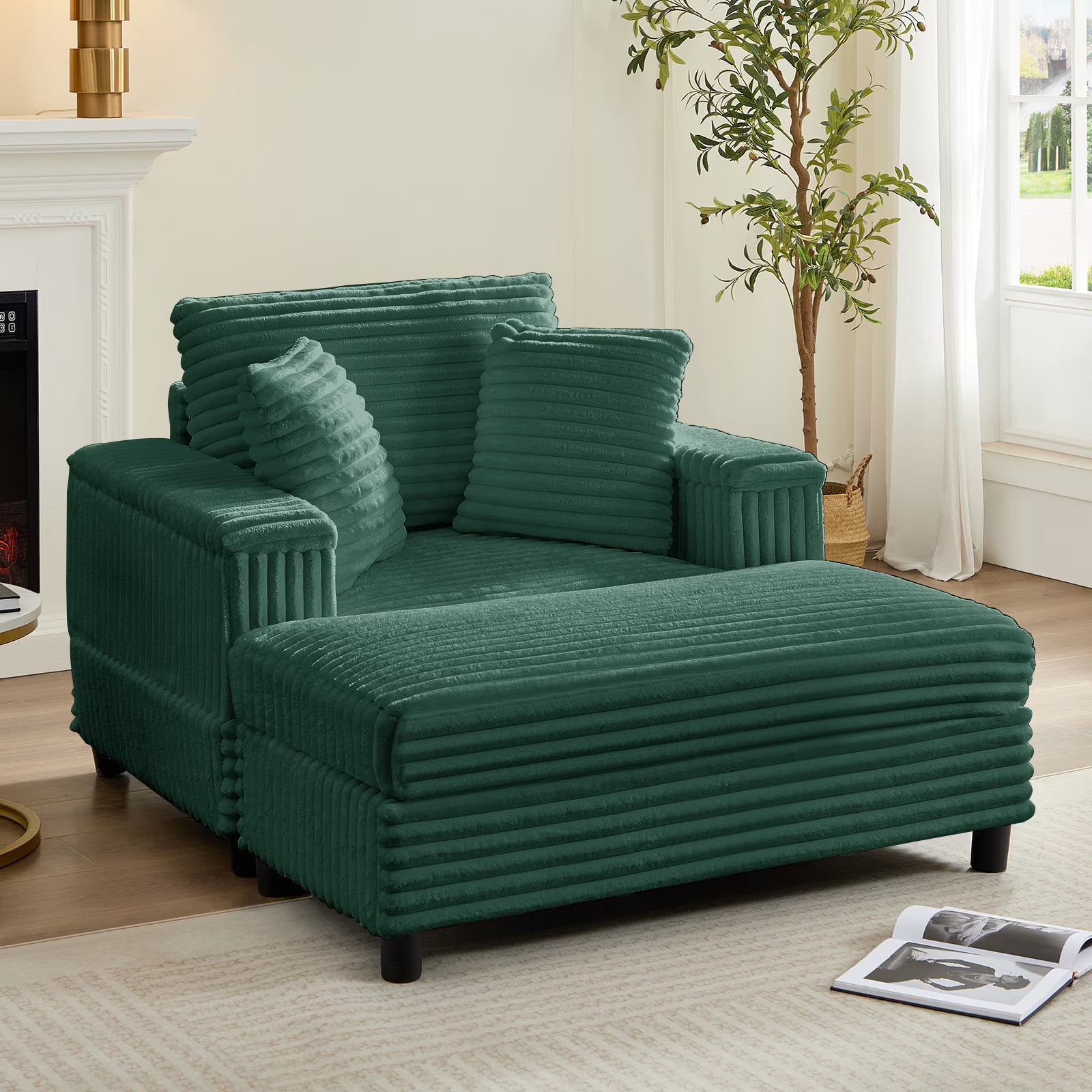 ZAFLY 44" Modern Corduroy Accent Armchair with Storage Ottoman for Living Room, Black