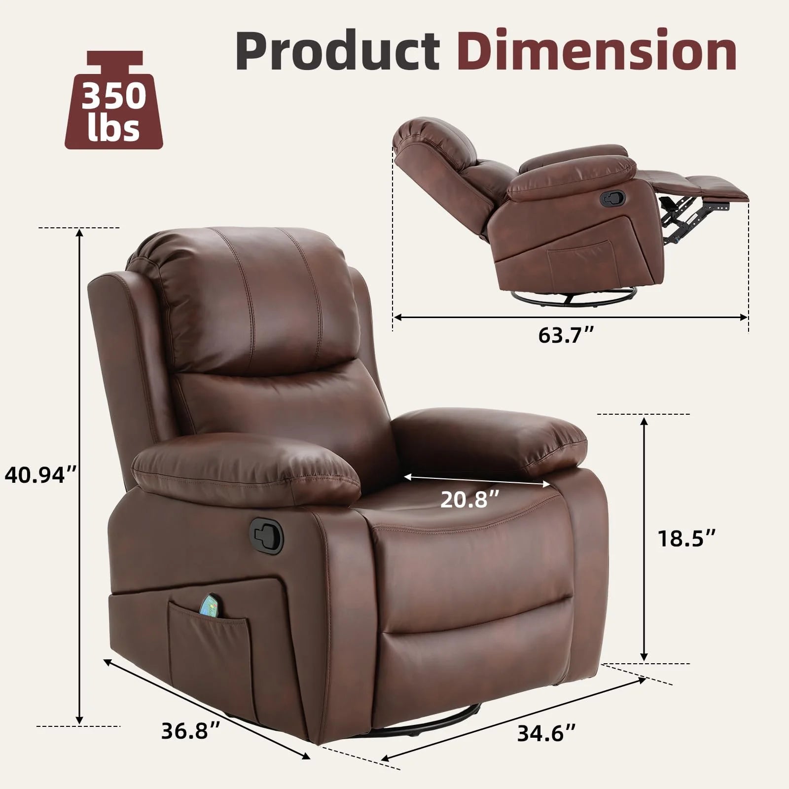AECOJOY 360° Swivel Recliner Chair with Massage and Heat, Manual Reclining Leather Recliner Chair, Brown