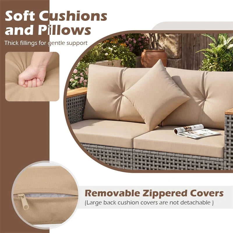 62.5" Patio Wicker Loveseat w/ Acacia Wood Armrests & Cup Holders, 2PCS Modular Rattan Corner Sectional Sofa w/ Cushions & Pillows for Backyard