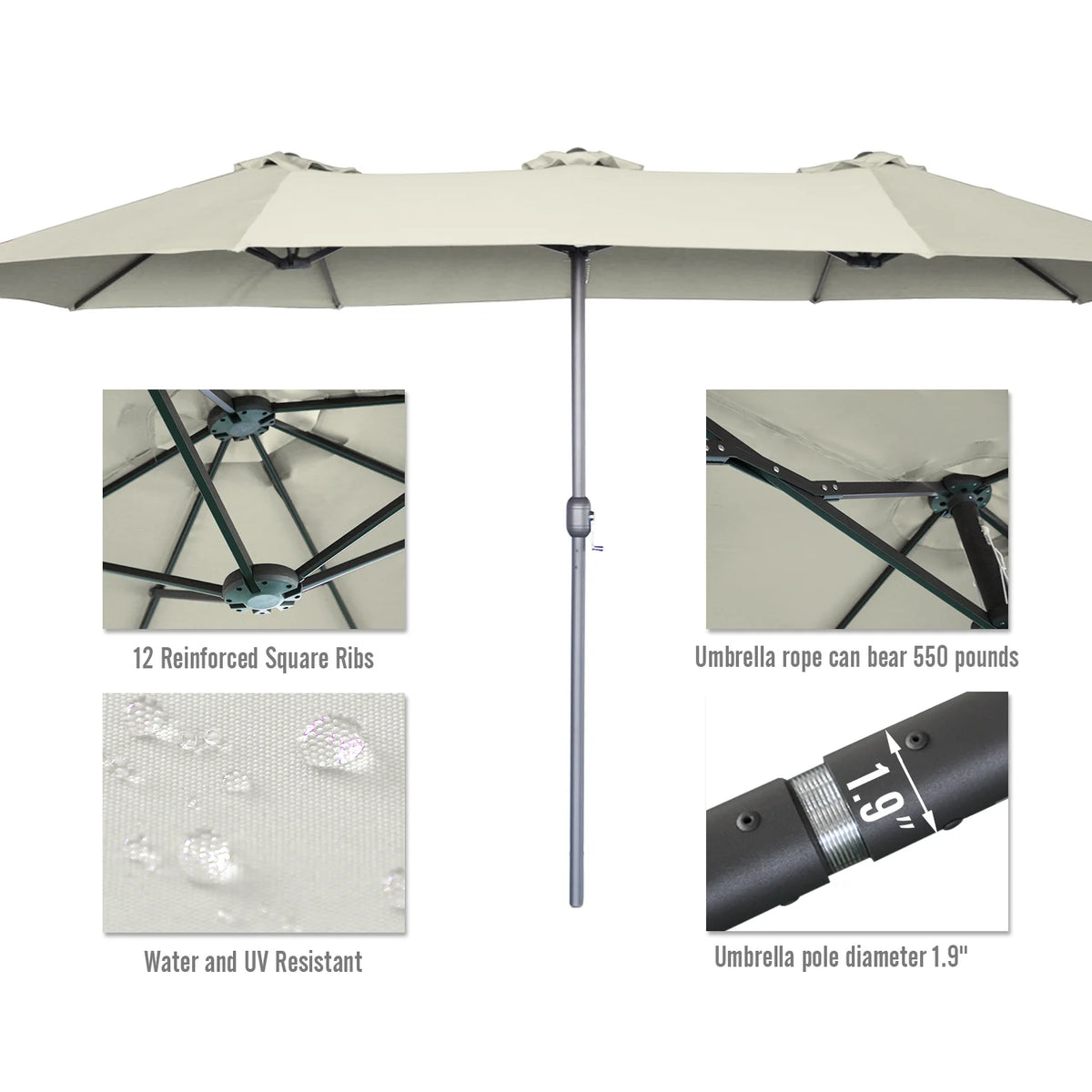 AECOJOY 15x9ft Double-Sided Patio Umbrella, Ivory