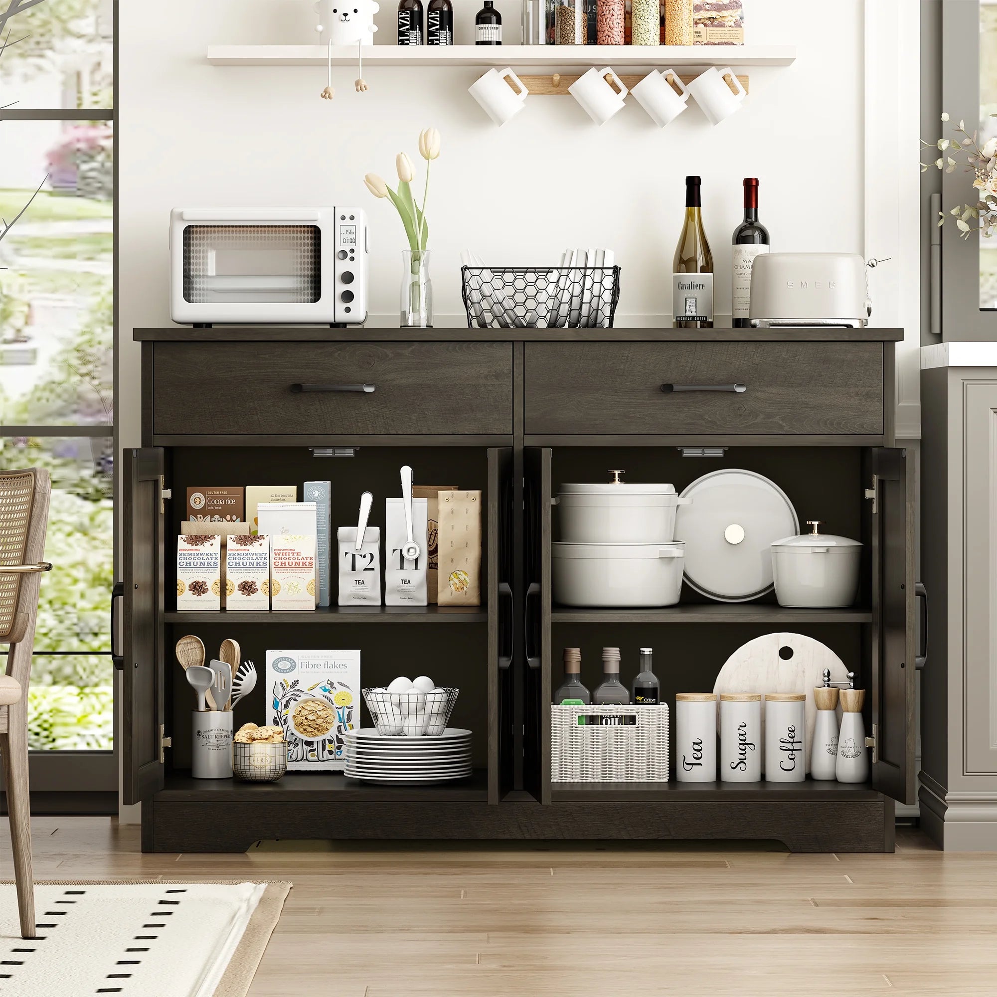 Hiphuta 47"farmhouse Sideboard Storage Cabinets with 4 Doors & 2 Drawers, Coffee Bar with Brown Top for Living Room, White