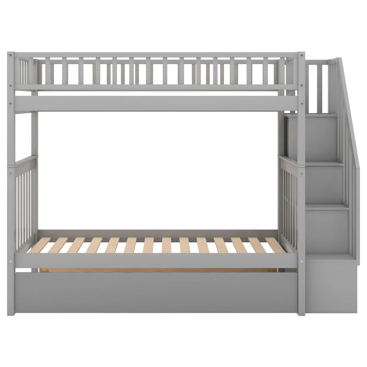 AECOJOY Twin Over Twin Bunk Bed with Trundle and Storage, Solid Pine Wood White
